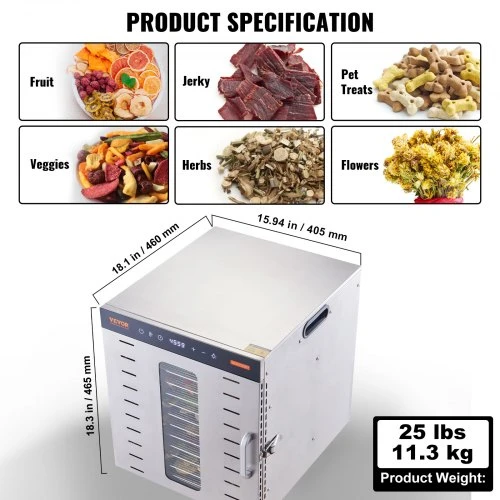 VEVOR Maisto džiovyklė SS-10X, nerūdijantis plienas, 1000 W, 10 padėklų, 46 x 42 x 47 cm