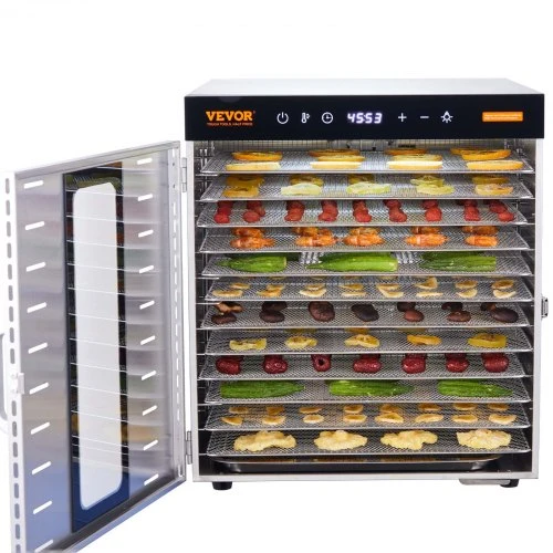 VEVOR Maisto džiovyklė SS-10X, nerūdijantis plienas, 1000 W, 10 padėklų, 46 x 42 x 47 cm