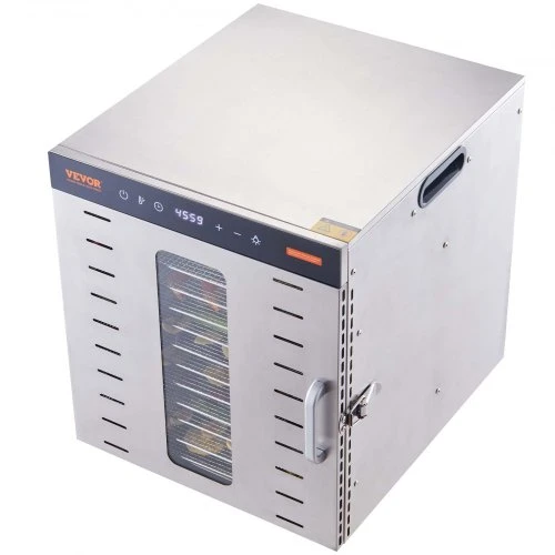 VEVOR Maisto džiovyklė SS-10X, nerūdijantis plienas, 1000 W, 10 padėklų, 46 x 42 x 47 cm