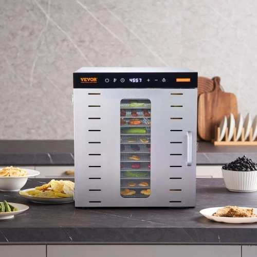 VEVOR Maisto džiovyklė SS-10X, nerūdijantis plienas, 1000 W, 10 padėklų, 46 x 42 x 47 cm