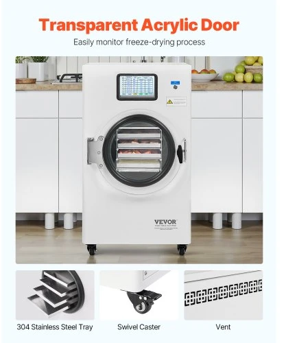 VEVOR Maisto liofilizavimo aparatas HFD-4 su vakuuminiu siurbliu, 4 padėklai, 4-6kg partijai, baltas