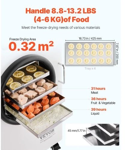 VEVOR Maisto liofilizavimo aparatas HFD-4 su vakuuminiu siurbliu, 4 padėklai, 4-6kg partijai, baltas