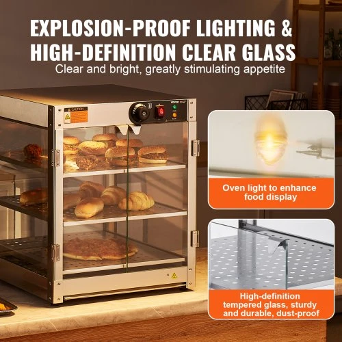 VEVOR Maisto šildymo vitrina NB-03, 3 aukštų, 800 W, 90 l, 51 x 51 x 62 cm