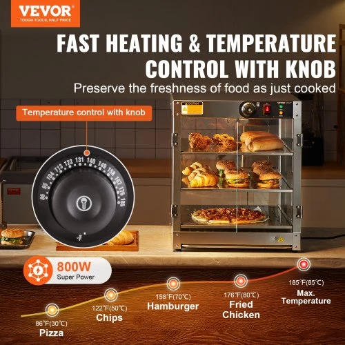 VEVOR Maisto šildymo vitrina NB-03, 3 aukštų, 800 W, 90 l, 51 x 51 x 62 cm