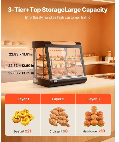 VEVOR Maisto šildymo vitrina NB-601, 3 lygių, 1200 W, 100 l, 66 x 48 x 64 cm