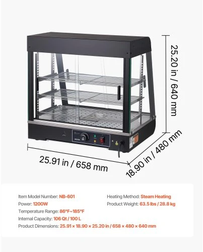 VEVOR Maisto šildymo vitrina NB-601, 3 lygių, 1200 W, 100 l, 66 x 48 x 64 cm
