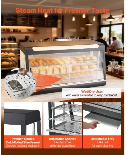 VEVOR Maisto šildymo vitrina NB-603, 3 aukštų, 1600 W, 180 l, 120 x 48 x 64 cm
