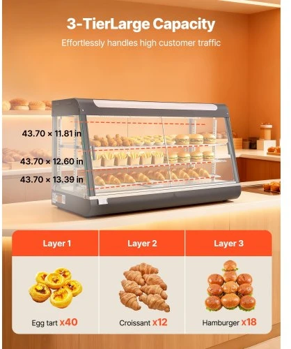 VEVOR Maisto šildymo vitrina NB-603, 3 aukštų, 1600 W, 180 l, 120 x 48 x 64 cm