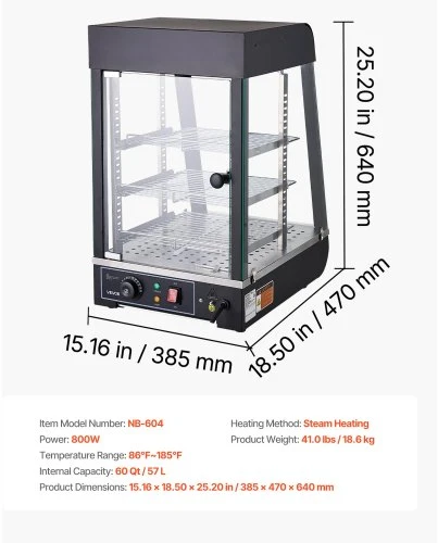 VEVOR Maisto šildymo vitrina NB-604, 3 aukštų, 57 l, 800 W, 39 x 47 x 64 cm
