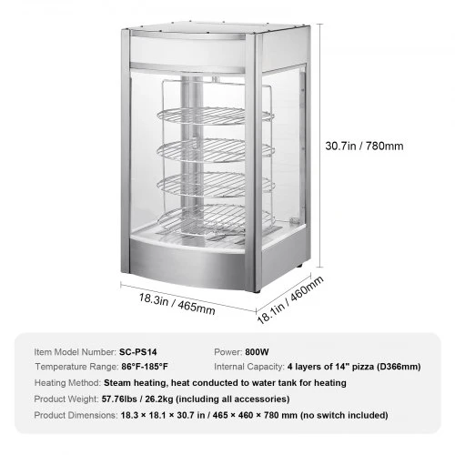 VEVOR Maisto šildymo vitrina SC-PS14 picai, 4 aukštų, iki 36,6 cm, 800 W