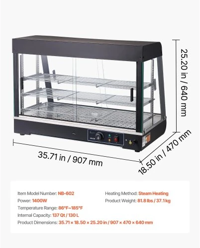 VEVOR Maisto šildymo vitrininė spinta NB-602, 3 aukštų, 1400 W, 130 l, 91 x 47 x 64 cm