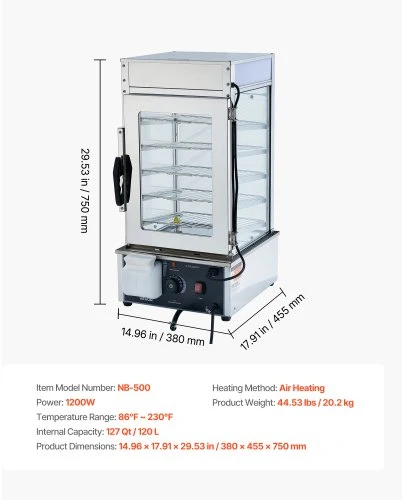 VEVOR Maisto šildymo vitrininė NB-500, 5 aukštų, 120 l, 1200 W, nerūdijantis plienas