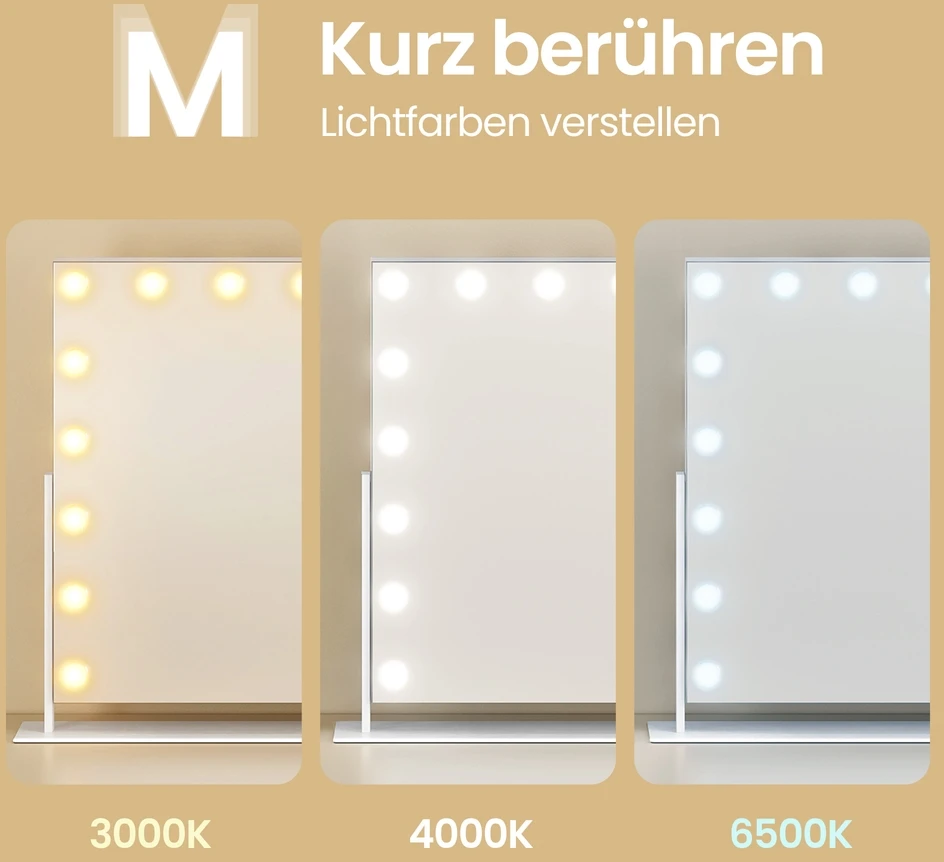 Songmics Makiažo veidrodis su LED apšvietimu, 3 šviesos spalvos, baltas, 12 x 90 x 65 cm