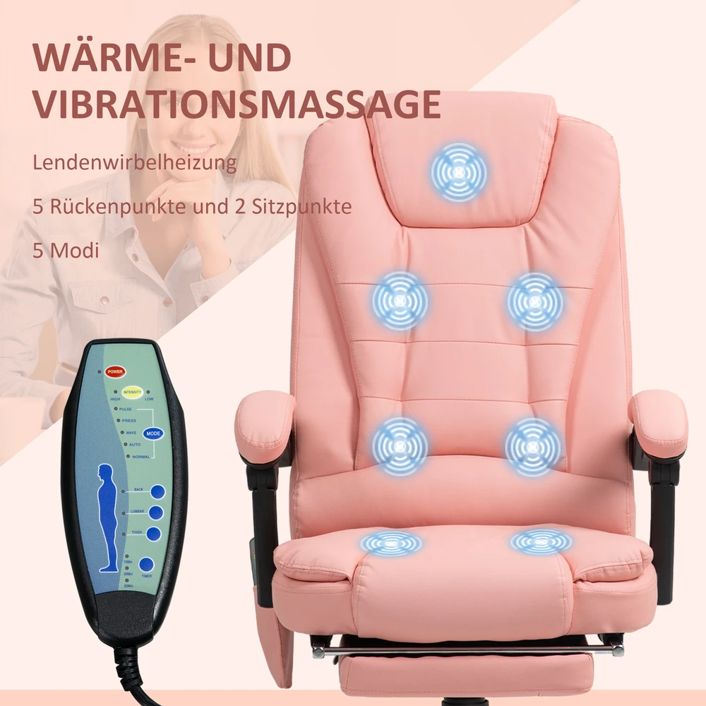 Aosom Masažinė biuro kėdė, 7 vibracijos taškai, reguliuojama kojų atrama ir atlošas, iki 120 kg, dirbtinė oda, rožinė