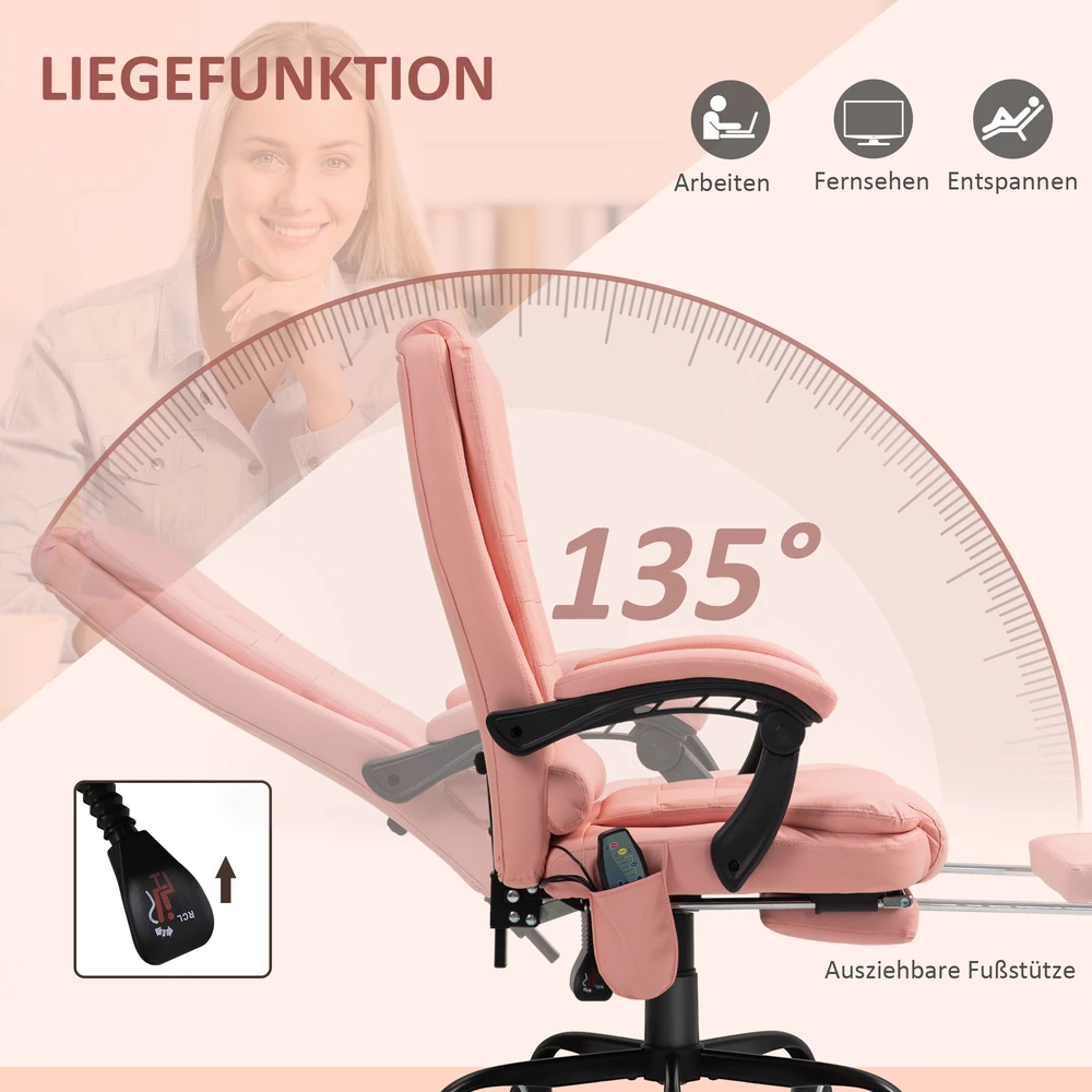 Aosom Masažinė biuro kėdė, 7 vibracijos taškai, reguliuojama kojų atrama ir atlošas, iki 120 kg, dirbtinė oda, rožinė