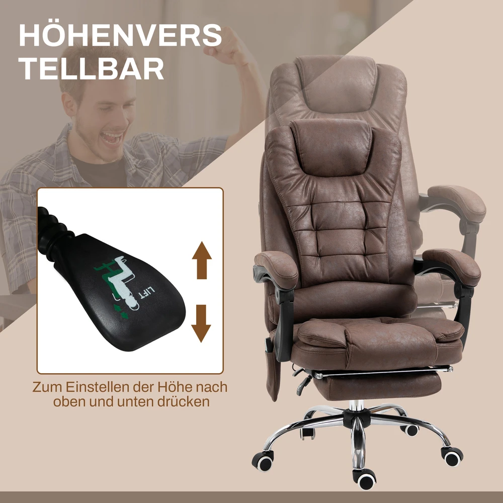 Aosom Masažinė biuro kėdė su gulėjimo ir šildymo funkcija, sukinėjama, ergonomiška, ruda, iki 120 kg