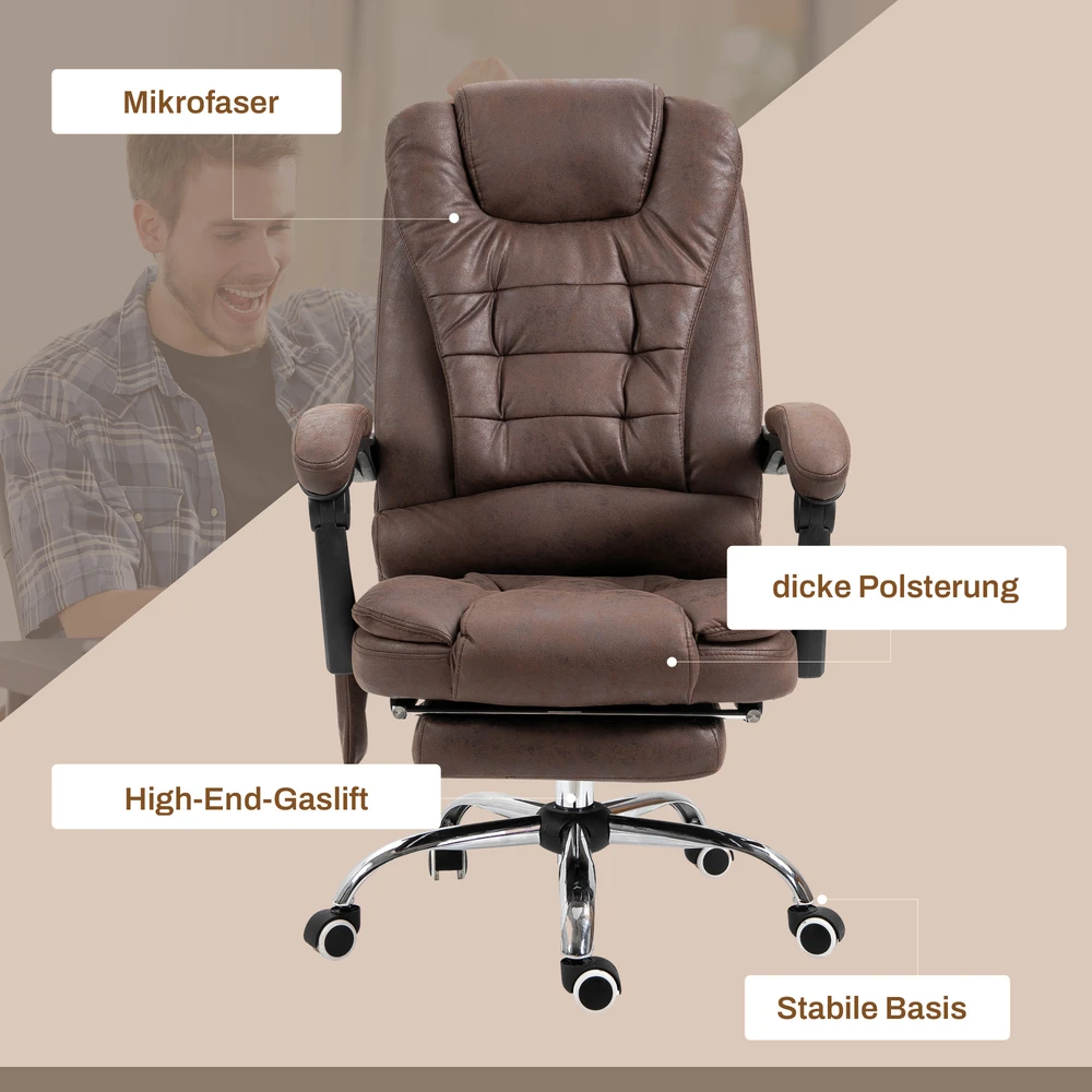 Aosom Masažinė biuro kėdė su gulėjimo ir šildymo funkcija, sukinėjama, ergonomiška, ruda, iki 120 kg