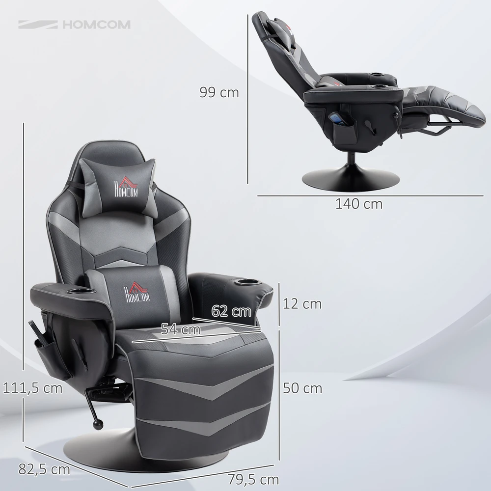 Aosom Masažinė gaming kėdė su atlošiama atkalte ir pakoju, pilka, iki 120 kg