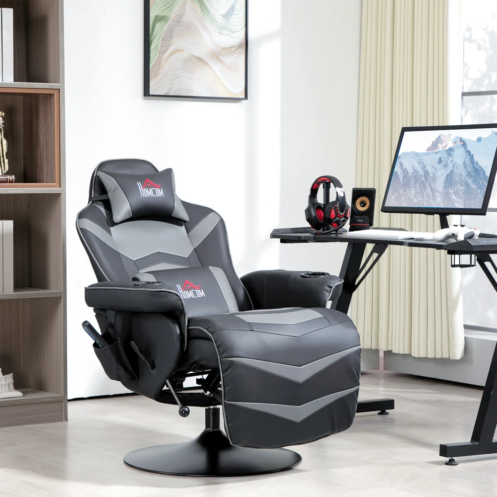 Aosom Masažinė gaming kėdė su atlošiama atkalte ir pakoju, pilka, iki 120 kg
