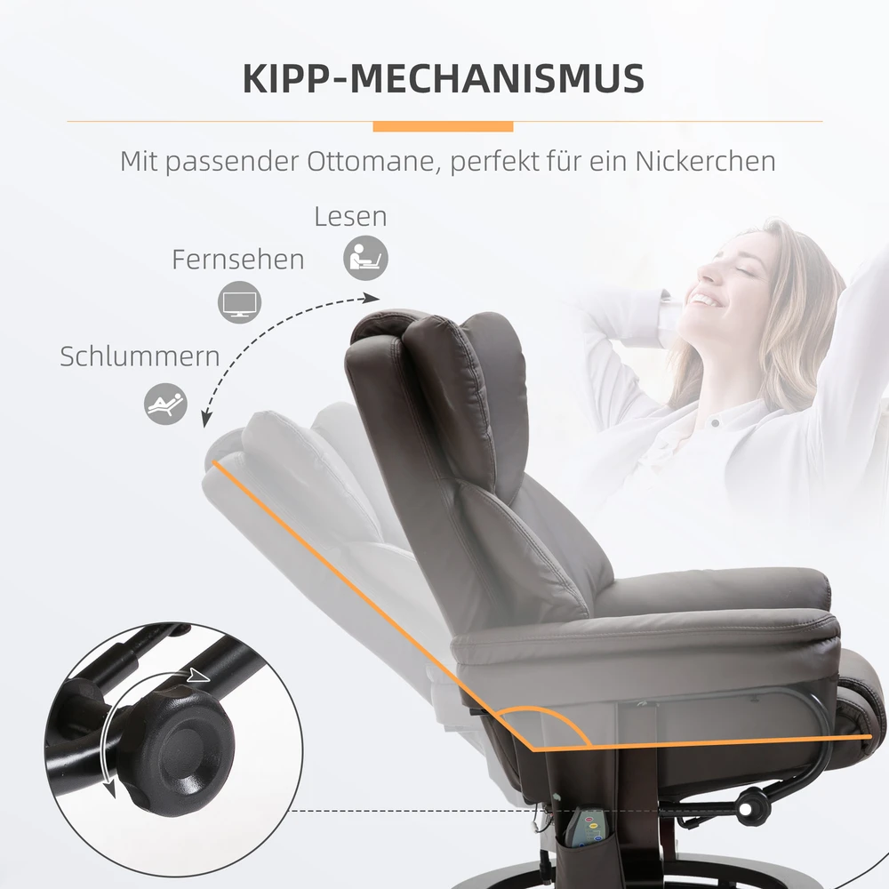 Aosom Masažinis poilsio krėslas su pufu, 360° sukamas, rudas, dirbtinė oda
