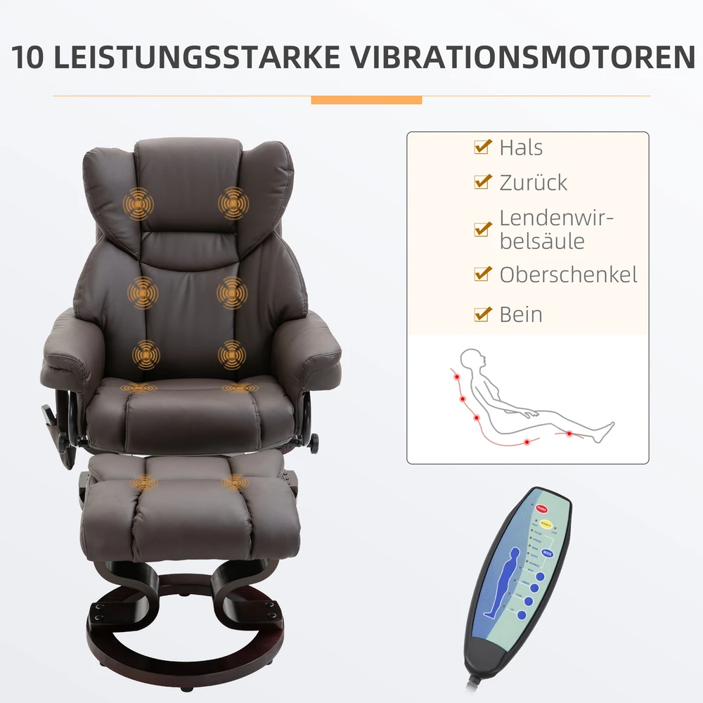 Aosom Masažinis poilsio krėslas su pufu, 360° sukamas, rudas, dirbtinė oda