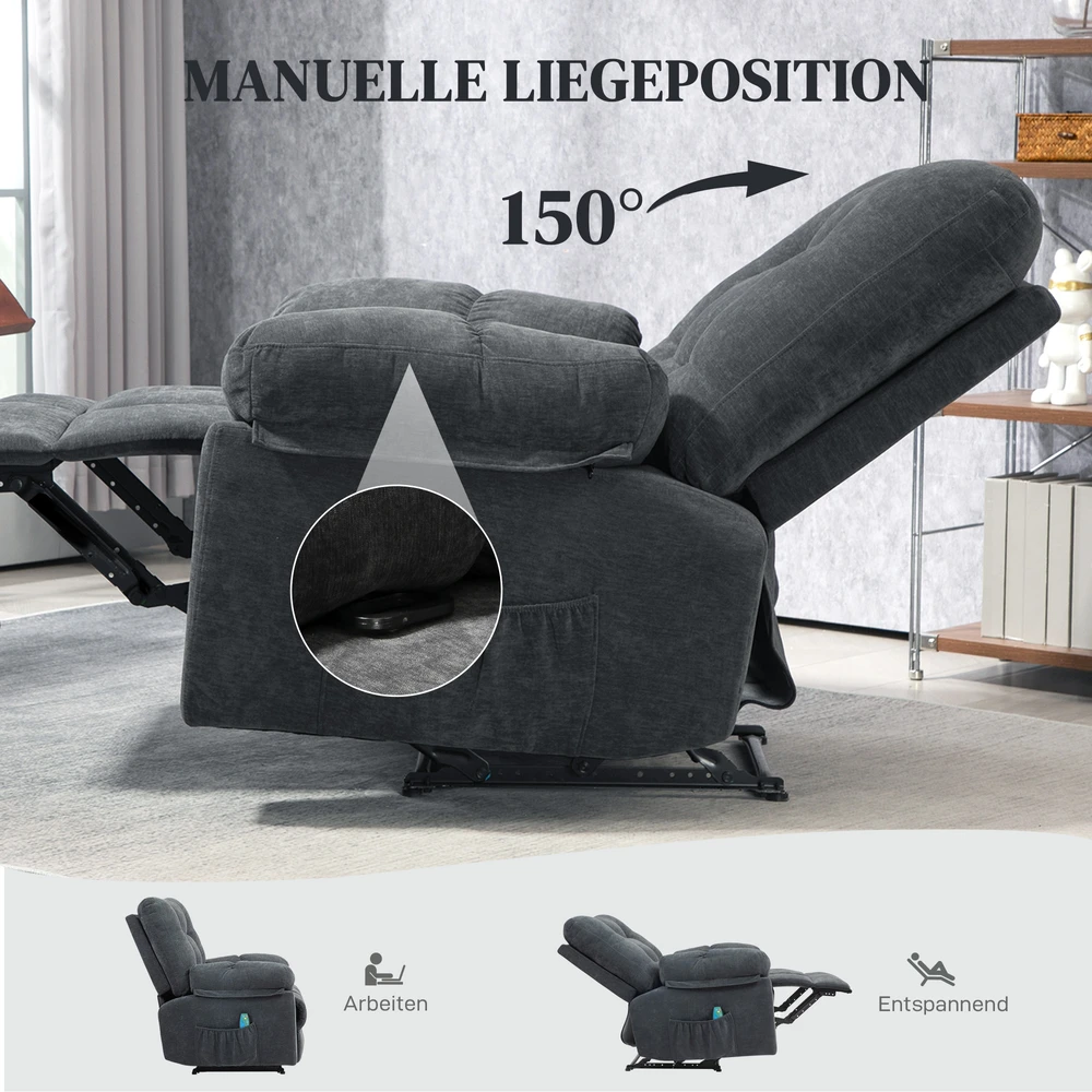 Aosom Masažinis recliner krėslas, tamsiai pilkas, 150°, 150 kg