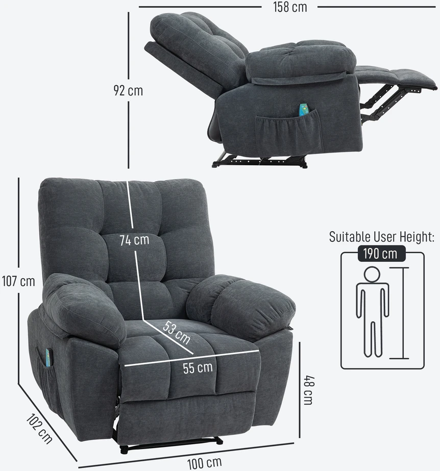 Aosom Masažinis recliner krėslas, tamsiai pilkas, 150°, 150 kg