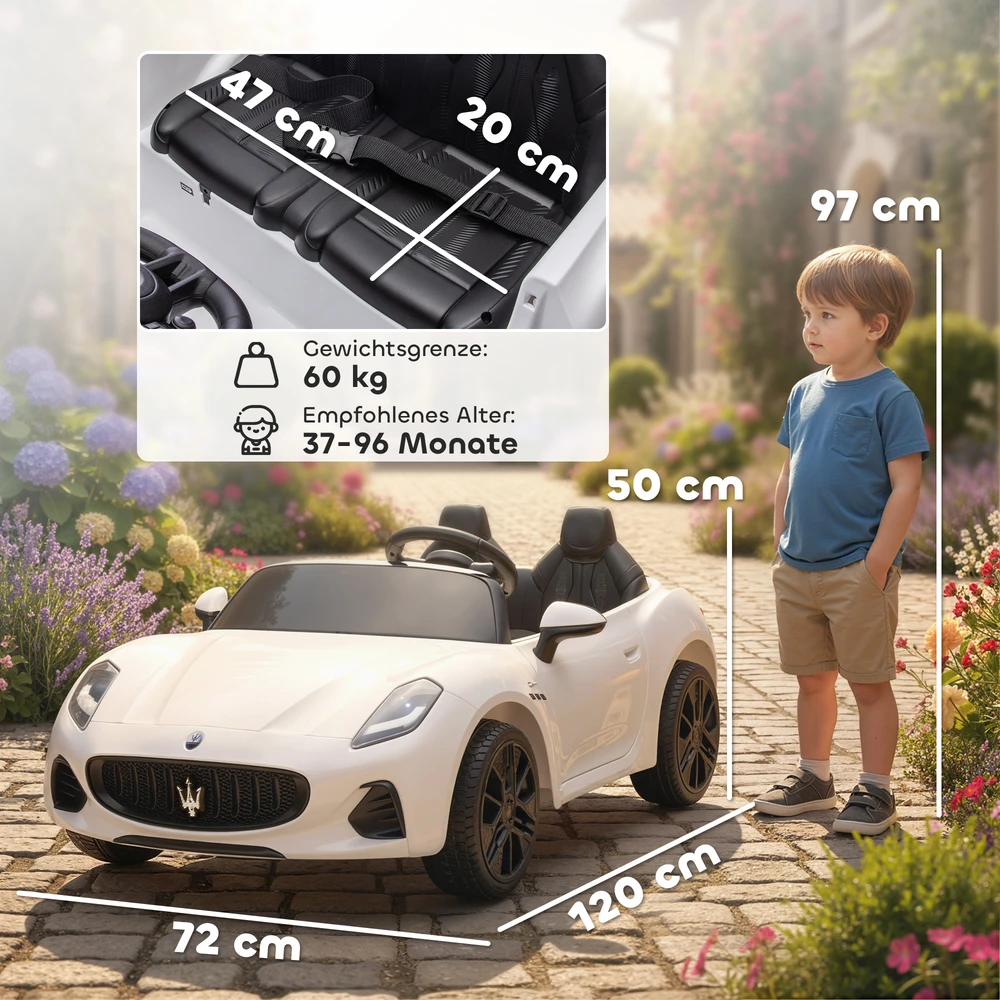 Aosom Maserati elektrinis vaikiškas automobilis, 2 vietų, 12V, baltas, 120 x 72 x 50 cm