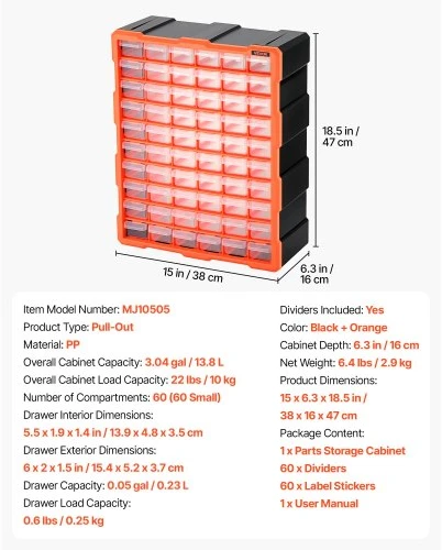 VEVOR Mažų detalių organizatorius MJ10505, 60 stalčių, PP plastikas, juoda / oranžinė, 39 x 16 x 50 cm