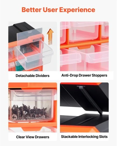 VEVOR Mažų detalių organizatorius MJ10505, 60 stalčių, PP plastikas, juoda / oranžinė, 39 x 16 x 50 cm