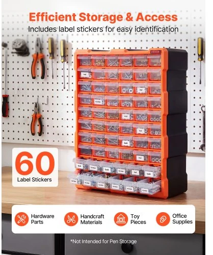 VEVOR Mažų detalių organizatorius MJ10505, 60 stalčių, PP plastikas, juoda / oranžinė, 39 x 16 x 50 cm