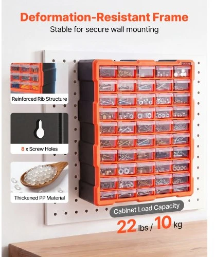 VEVOR Mažų detalių organizatorius MJ10505, 60 stalčių, PP plastikas, juoda / oranžinė, 39 x 16 x 50 cm