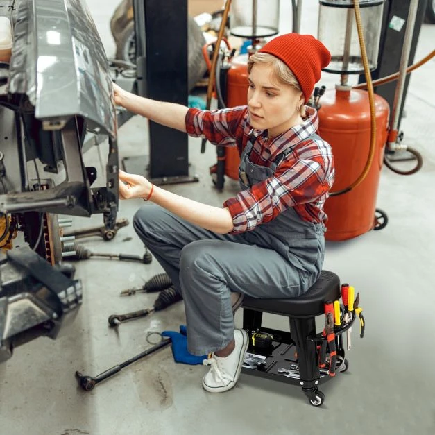 Promotion Mechaniko Suoliukas su Ratukais ir Įrankių Dėklu Juodas