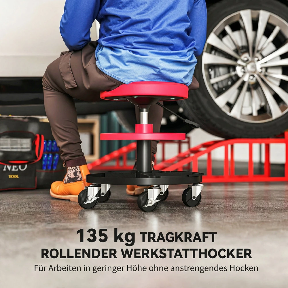 Aosom Mechaniko taburetė su ratukais, reguliuojamas aukštis 40-51 cm, raudona, iki 135 kg