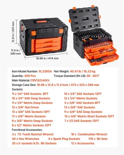 VEVOR Mechanikų įrankių rinkinys XL3265A, 450 vnt., su dėklu, juoda / oranžinė