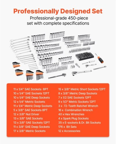 VEVOR Mechanikų įrankių rinkinys XL3265A, 450 vnt., su dėklu, juoda / oranžinė