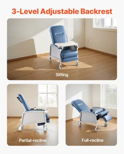 VEVOR Medicininė atlošiama kėdė D574-BR, 3 padėčių, su 4 ratukais, balta/mėlyna, 107 x 66 x 120 cm