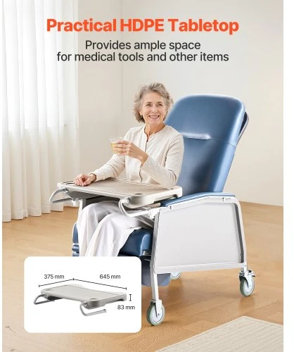 VEVOR Medicininė atlošiama kėdė D574-BR, 3 padėčių, su 4 ratukais, balta/mėlyna, 107 x 66 x 120 cm