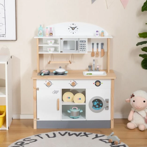 Promotion Medinė vaikų žaidimų virtuvė su mikrobangų krosnele ir skalbimo mašina