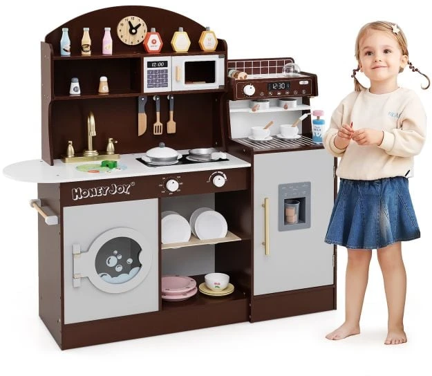 Promotion Medinė virtuvėlė vaikams su laikrodžiu ir mikrobangų krosnele, ruda/rožinė/balta