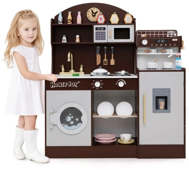 Promotion Medinė virtuvėlė vaikams su laikrodžiu ir mikrobangų krosnele, ruda/rožinė/balta