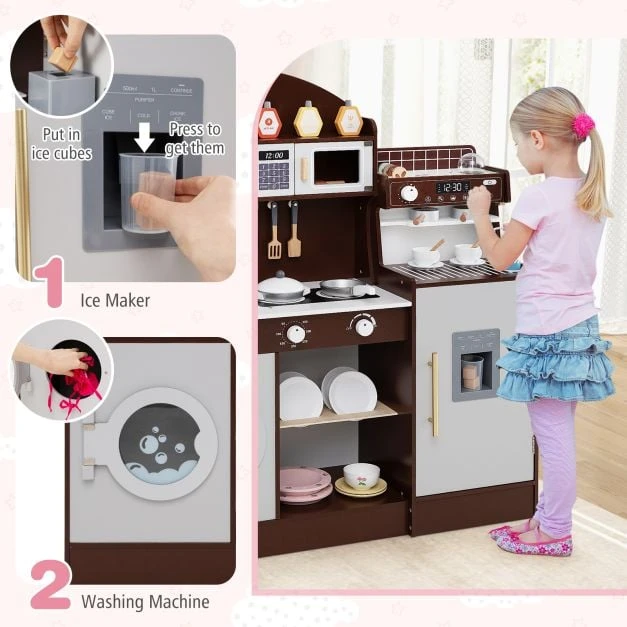 Promotion Medinė virtuvėlė vaikams su laikrodžiu ir mikrobangų krosnele, ruda/rožinė/balta