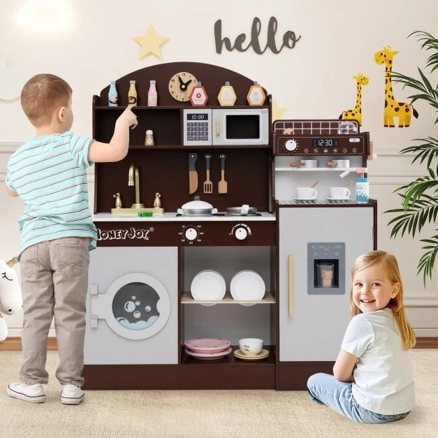 Promotion Medinė virtuvėlė vaikams su laikrodžiu ir mikrobangų krosnele, ruda/rožinė/balta