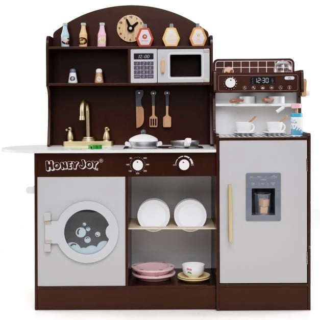 Promotion Medinė virtuvėlė vaikams su laikrodžiu ir mikrobangų krosnele, ruda/rožinė/balta
