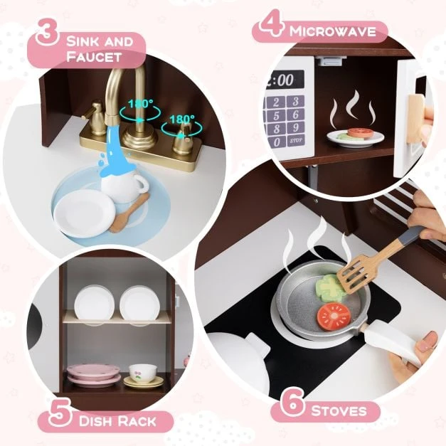 Promotion Medinė virtuvėlė vaikams su laikrodžiu ir mikrobangų krosnele, ruda/rožinė/balta
