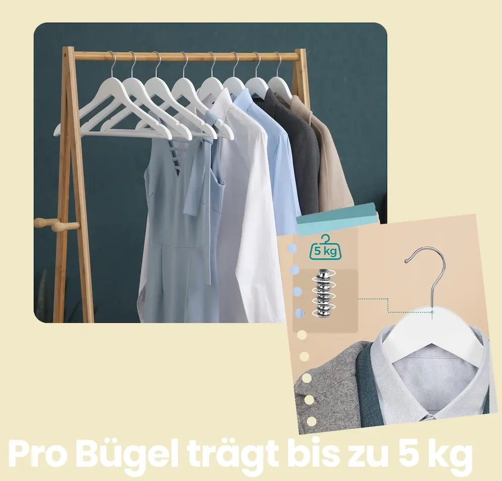 Koduva Medinės drabužių pakabos, 20 vnt., klevo mediena, baltos, su įpjovomis pečių srityje