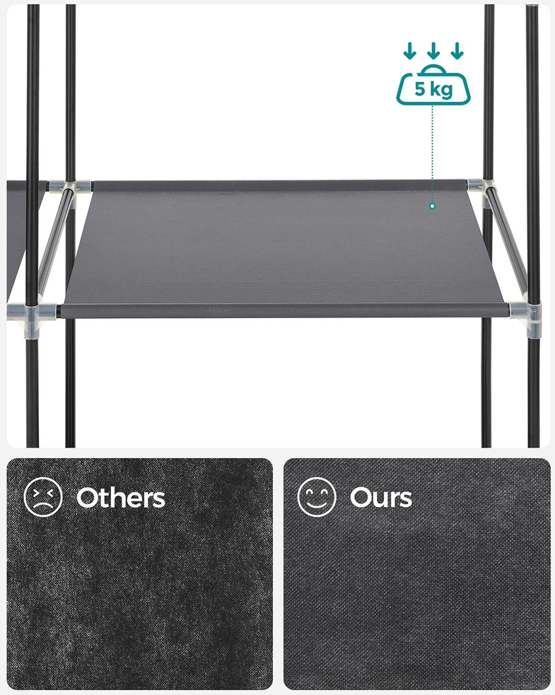 Koduva Medžiaginė drabužių spinta su 6 lentynomis ir drabužių kabinimo skersiniu, pilka, 45 x 105 x 168 cm