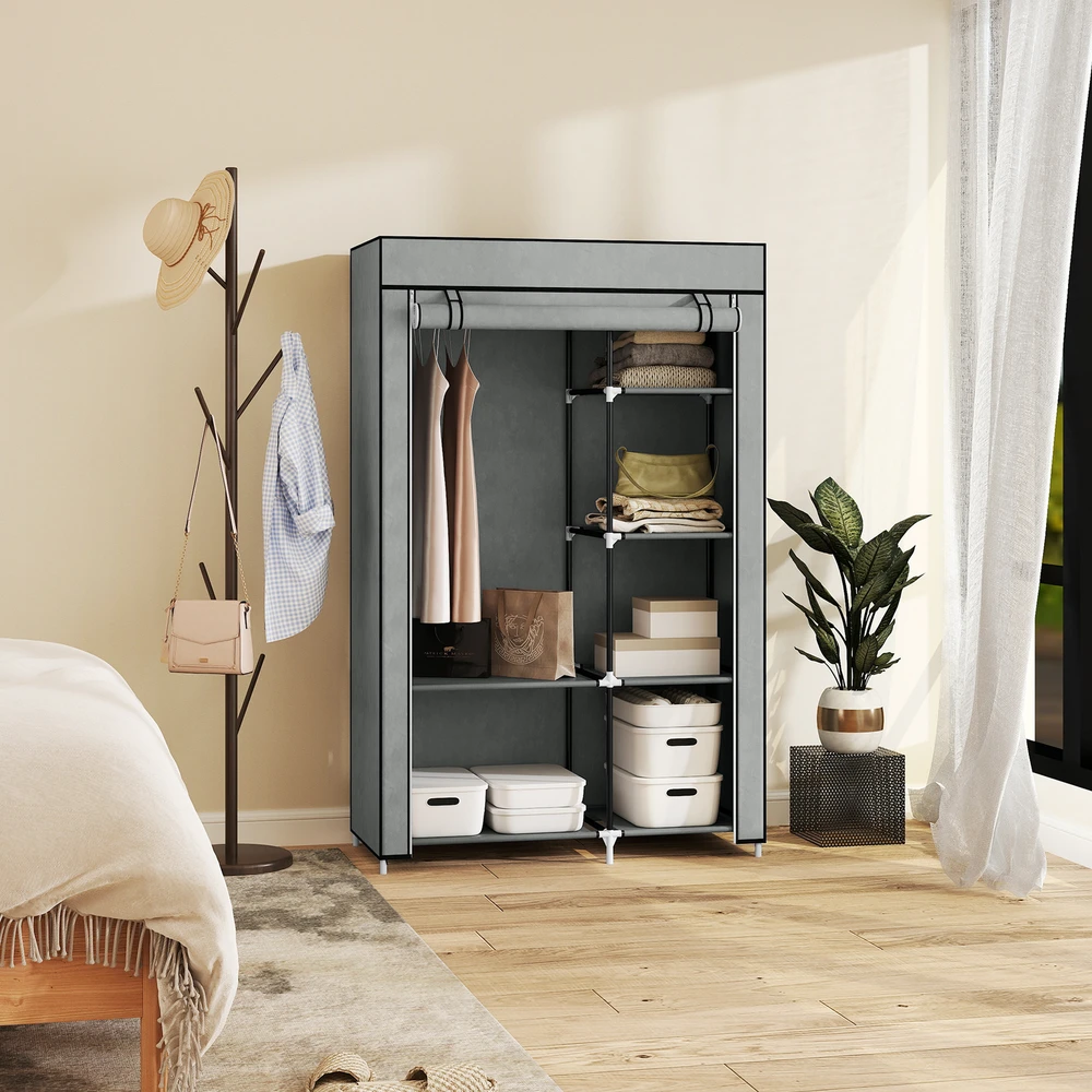 Aosom Medžiaginė spinta, šviesiai pilka, 6 lentynos, 1 drabužių kartelė, 103 x 43 x 162,5 cm