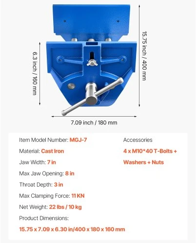 Koduva Medžio apdirbimo spaustuvas VEVOR MGJ-7, ketaus, žiočių plotis 18 cm, maksimalus atsidarymas 20 cm