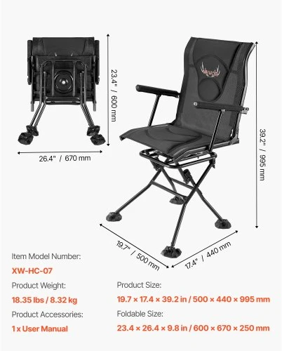 VEVOR Medžioklės kėdė XW-HC-07, sulankstoma, 136 kg, juoda